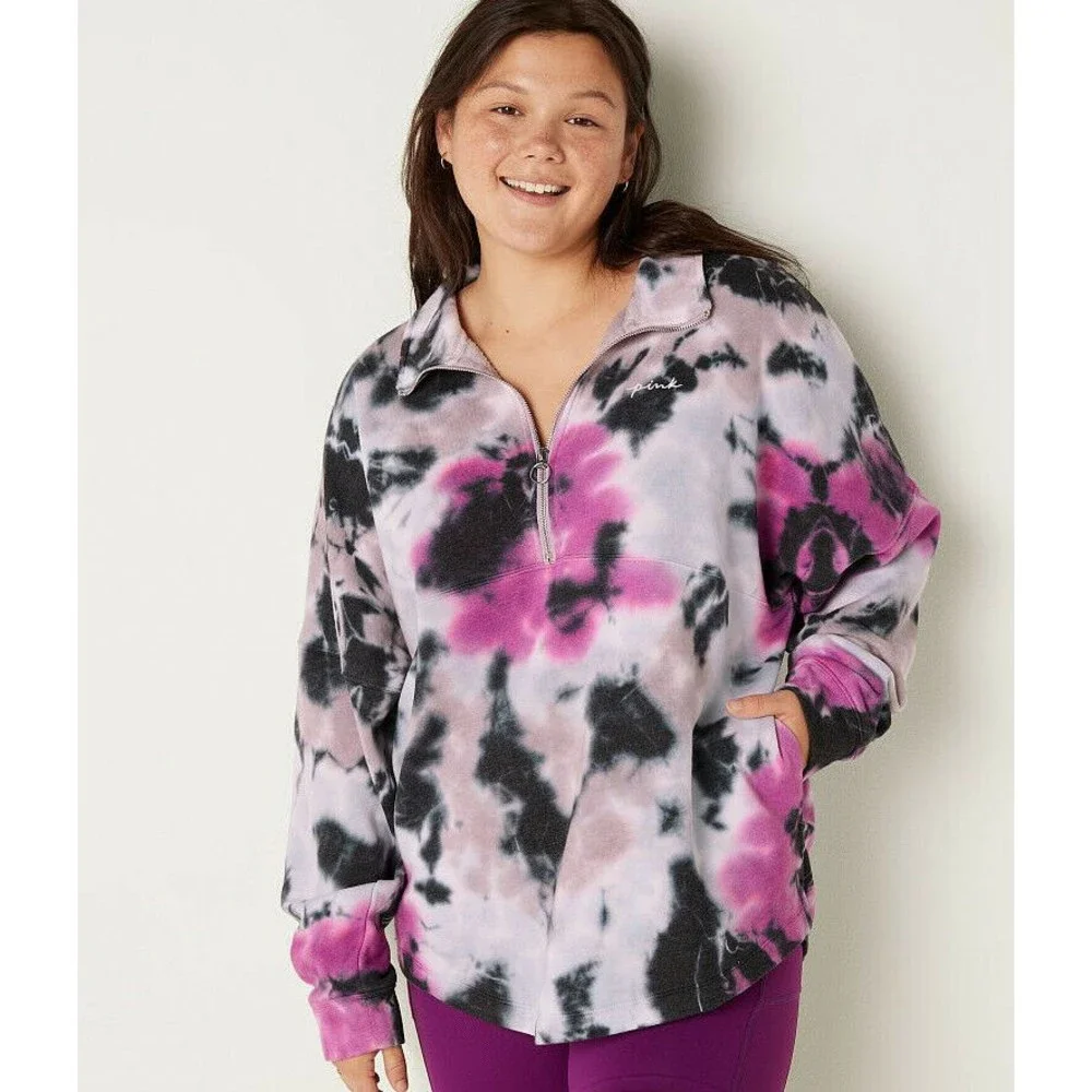 VS VICTORIAS SECRET PINK VARSITY HALF ZIP PULLOVER SWEATER JACKET TOP TIE DYE XS